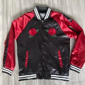 Red and Black Satin Bomber Jacket with Rose Embroidery